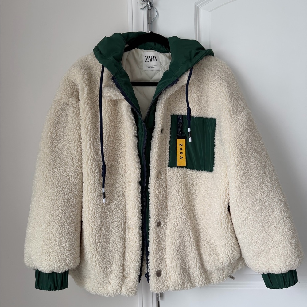 Zara Cream and Green Sherpa Jacket